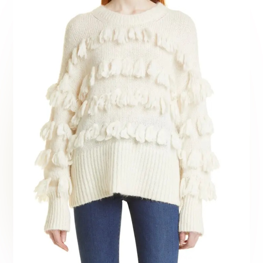 Cinq Sept Aurelia Tassel Fringe Mohair Wool Blend Sweater | Ivory | Nwot | M